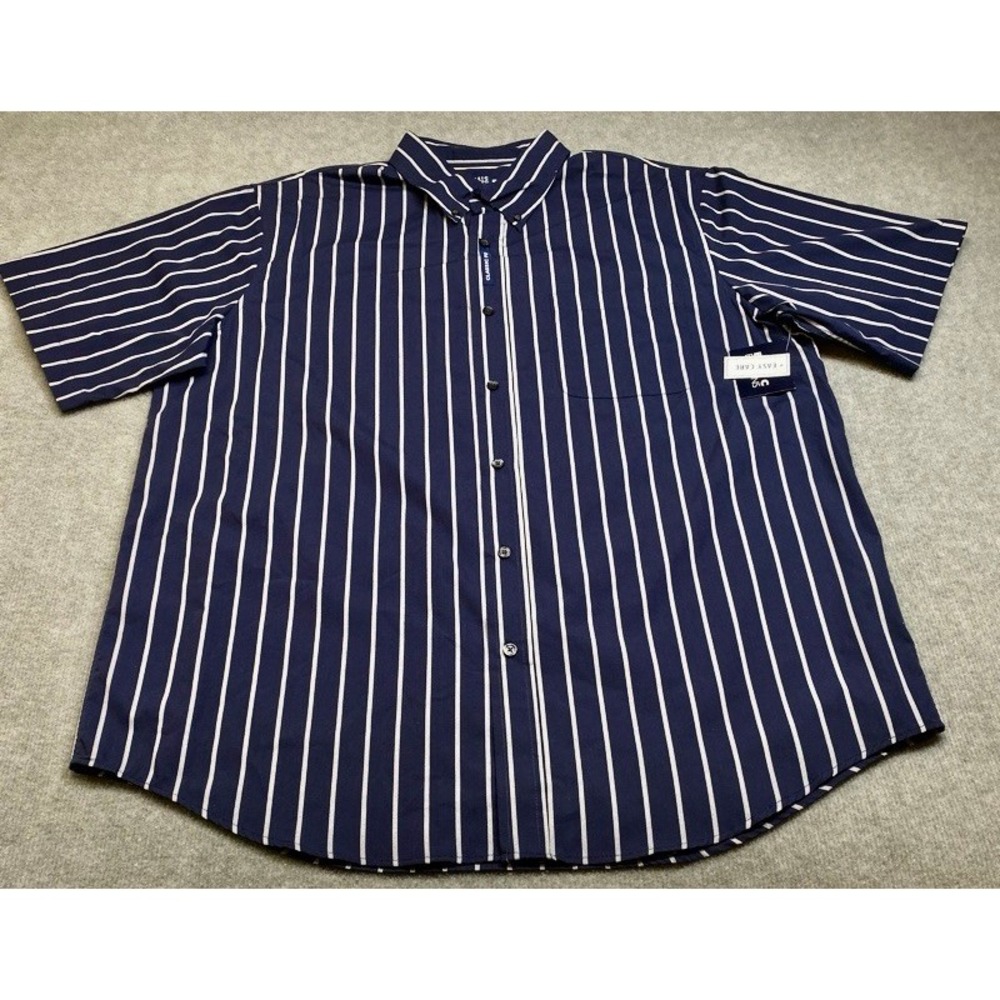 NWT Basic Editions Button Down Shirt Men XL Navy Blue Striped Short Sleeve